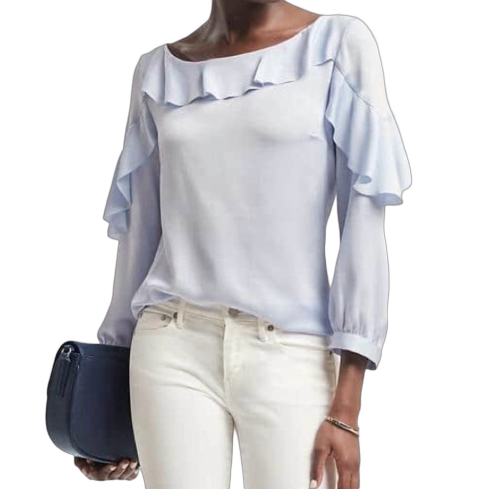Banana Republic Soft Blue Boat Neck Ruffle Long Sleeve Blouse Size Medium